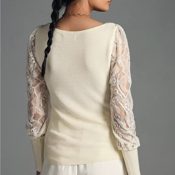 Anthropologie Ivory Lace Sleeve Sweater - Picture 3 of 11